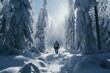Person snowshoeing through a snowy forest
