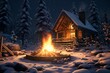 Cozy log cabin with fire burning in the fireplace.