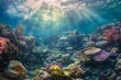 : A stunning underwater panoramic landscape filled with magnificent coral formations and tropical fish