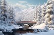 A winter wonderland with a snow-covered bridge over a frozen river.