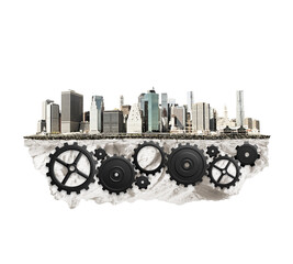 A collage of a city skyline on top of a floating landmass with gears, against a white background, symbolizing urban development