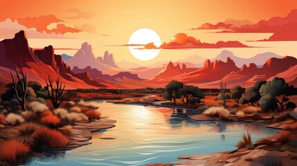 Canvas Print - sunset in the desert with a river running through it