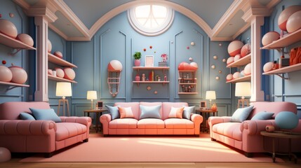 Poster - A surreal living room with pink couches and blue walls