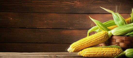 Poster - Fresh and ripe corn neatly arranged in a rustic basket placed on a wooden table