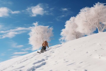 sledding down a snowy hill with trees and a blue sky.