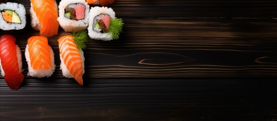 Poster - Sushi rolls neatly arranged on a rustic wooden surface against a backdrop of solid black