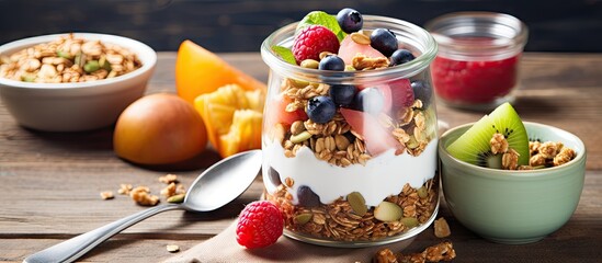 Fototapete - A transparent glass container filled with a mix of granola, dried fruits, and nuts alongside a lunchbox of fruits and granola next to a refreshing glass of yogurt