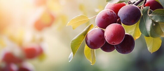 Leinwandbilder - Ripe plums are hanging abundantly from a tree branch, ready for the farmer's harvest. The tree is full of lush green leaves and the plums are bright and colorful.
