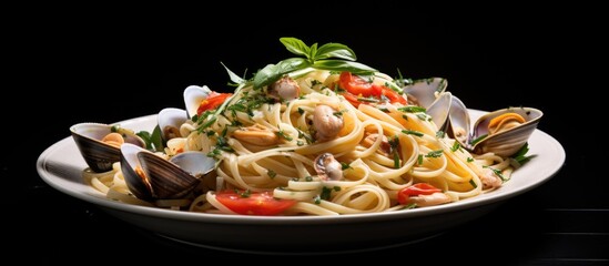 Leinwandbilder - A delicious plate of Vongole Blanco pasta with clam shellfish and fresh tomatoes, captured up close to showcase the mouth-watering details