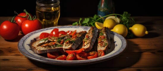 Aufkleber - A detailed view of a plate filled with a meal showing vibrant red tomatoes and slices of bread