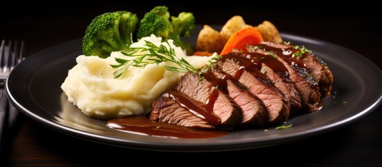 Fototapete - A mouth-watering close-up of a plate featuring savory roast beef, creamy mashed potatoes, and vibrant green broccoli