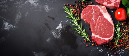 Poster - Fresh uncooked meat placed on a dark background along with various spices and vegetables for cooking preparation