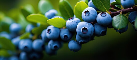 Poster - Clusters of ripe blueberries with a rich blue hue hanging together on a bush in close-up view