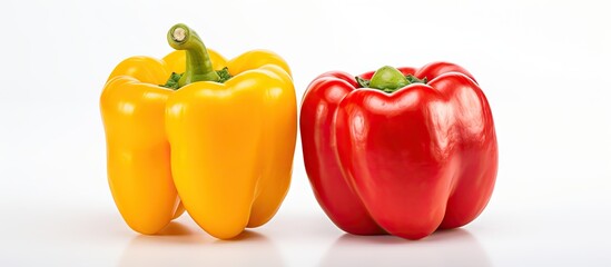 Aufkleber - Two colorful bell peppers, one yellow and one red, are placed side by side on a clean white surface