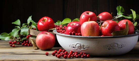 A rustic still life arrangement of winter vitamins fruits - red apples and pomegranates in a vintage bowl on a cozy farmhouse wooden table