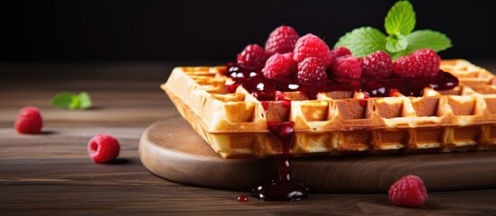 Leinwandbilder - Delicious waffles topped with Norwegian brunost cheese and raspberry jam, displayed on a rustic wooden board