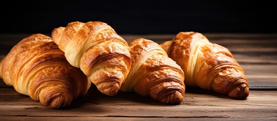 Aufkleber - Three delicious croissants displayed on a rustic wooden table with a elegant black backdrop