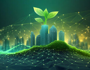 Canvas Print - A neon ribbon drapes the city with a sprout on top. Low poly wireframe isolated on green background. City greening. Landscape technologies in city silhouettes. Plexus lines and points