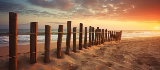 Aufkleber - Wooden fence standing along the sandy beach as the sun sets beautifully in the background