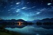Breathtaking meteor shower lighting up the night sky with dazzling trails of light, reflected in a serene lake.