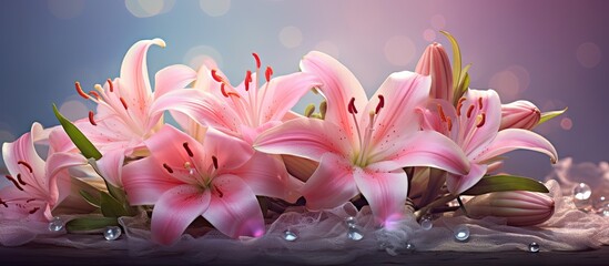 Aufkleber - Several pink flowers, including roses, lilies, and orchids, are elegantly arranged on a table, creating a beautiful display