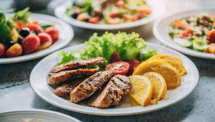 Wall Mural - People group catering buffet food indoor in restaurant with meat colorful fruits and vegetables.