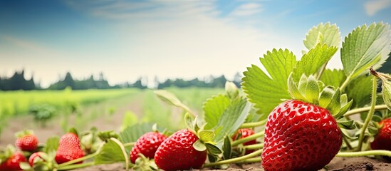 Poster - Numerous ripe strawberries are flourishing on the ground in a vast plantation, showcasing a beautiful harvest scene