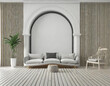 The modern cozy living room idea design and arch pattern wall background and white wooden floor. 3d rendering.