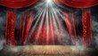 Theater stage light background with spotlight illuminated the stage for opera performance. Empty stage with red curtain, fog, smoke, backdrop decoration. Entertainment show