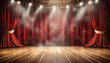 Theater stage light background with spotlight illuminated the stage for opera performance. Empty stage with red curtain, fog, smoke, backdrop decoration. Entertainment show