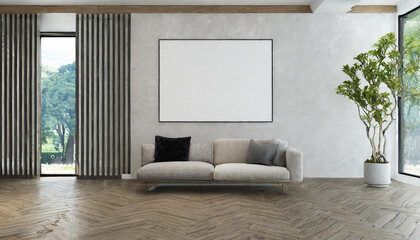 Poster - The modern cozy interior design concept of living room and canvas frame and concrete pattern wall background and wooden floor. 3d rendering.