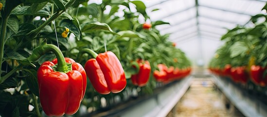 Aufkleber - Numerous red bell peppers are seen thriving among lush green leaves inside a Dutch greenhouse, creating a vibrant and healthy environment for growth