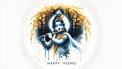 Wall Mural - Watercolor illustration  for the festival of vishu with a young lord krishna and konna flowers decoration.