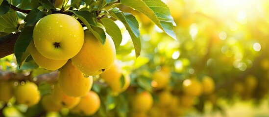 Poster - Numerous ripe yellow apples are hanging from branches of an apple tree under the bright sun in an orchard, possibly of the Golden Delicious variety