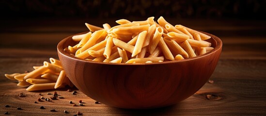 Fototapete - Close-up view of a wooden table showcasing a bowl of delicious pasta, creating a mouth-watering scene