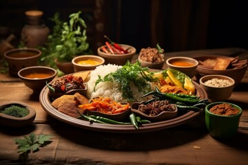 Wall Mural - Beautifully arranged plate with a fusion of Asian and Western dishes on a rustic wooden table.