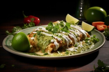 Wall Mural - Plate featuring a fusion of Thai and Mexican flavors with green curry enchiladas and fresh cilantro.