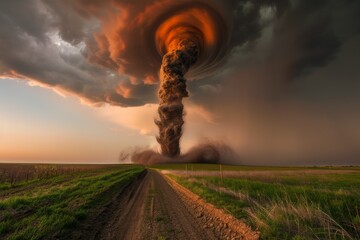 Canvas Print - Tornado under a stormy sky focusing on the dramatic contrast and mood.