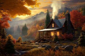 Wall Mural - cozy october cabin in the mountains