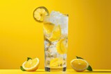 Fototapeta Przestrzenne - A glass filled with lemonade, ice cubes, and lemon slices creates a cool and refreshing drink perfect for summer days. Generative AI
