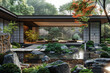 an architectural photograph exterior view of an minimalist villa, with very nice Japanese garden landscape, featured minimalist sliding door, medium shot