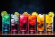 A vibrant row of glasses holding an array of differently colored drinks, creating a visual spectrum of refreshment. Generative AI