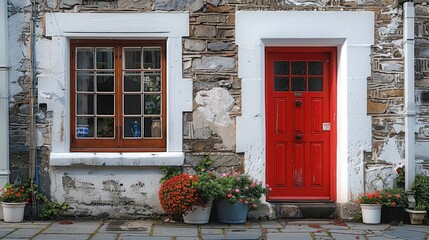 Poster - A house facade with red door. Generative AI.