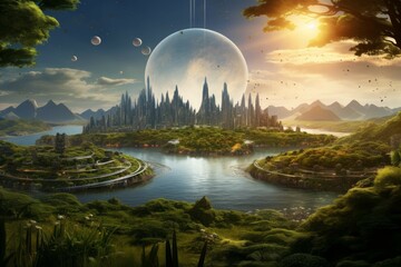 Wall Mural - terraformed planetary system with lush green landscapes and futuristic cities.