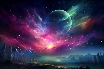 Wall Mural - a distant planet with multiple moons, surrounded by a mesmerizing aurora borealis.