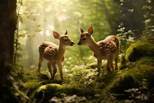 Baby Deer Frolicking In A Sun-dappled Forest
