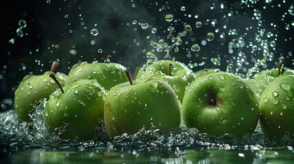 Wall Mural - A bunch of ripe green apple, with water droplets, falling into a dark black water tank, creating a colorful contrast and intricate splash patterns, 30 cm. In underwater photography, natural sunlight