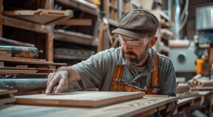 A carpenter working with a wood furniture cabinet using wood veneer, carpenter lab background. Generative AI.