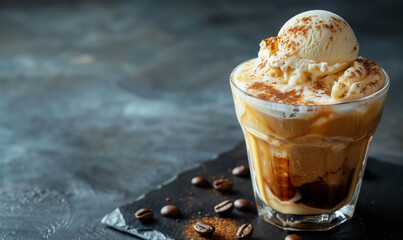 affogato coffee with ice cream and espresso on a granite table with copy space wallpaper