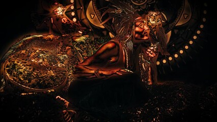 Fototapete - beautiful shamanic woman with owl in the interiors and artistic effect. Loop Animation.